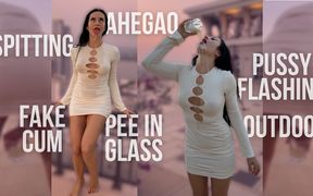 Outdoor Pussy Flashing, Pee in the Glass, Spit, Ahegao, Fake Cum on My Tits & Body
