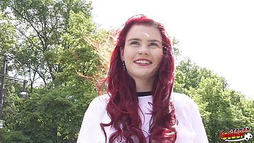 GERMAN SCOUT - Redhead Football Fan Mia May Pickup for Public Anal Fuck at Public Viewing