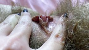 Hairy pussy big clit closeup