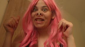 I press my face against the windowpane and make a pig nose, then I press my mouth against the glass and play with it, and finally, I press my big lips against the glass too indulging in a face fetish; look at that silly girl.