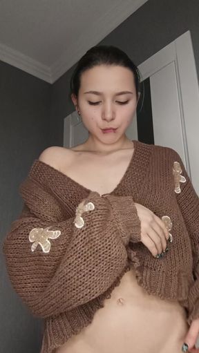 Teeny bopper shows off her perky tits in a group setting