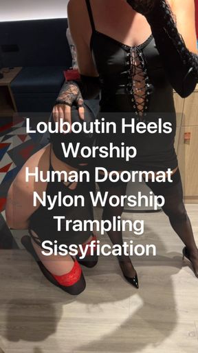 Human doormat cleans My Louboutin Heels and Worships My feet in nylons. Orgasm control via remote control device and Sissyfication.