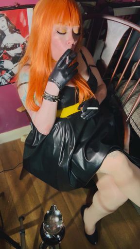 Redhead Tina Snua Smoking 2 Cigarettes At A Time Wearing A Leather Dress &amp; Gloves