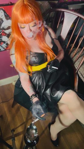 Redhead Tina Snua Smoking 2 Cigarettes At A Time Wearing A Leather Dress &amp; Gloves