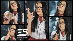 Smoking in a school uniform, juicy pink lipgloss and glasses - 4K