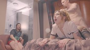 Slim Blonde Babe Cucks Her Nerdy Hubby, Fucking With Her Lover & Sharing Cum With Him