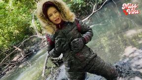 Pee in ski suit, get messy in real mud and wet too!