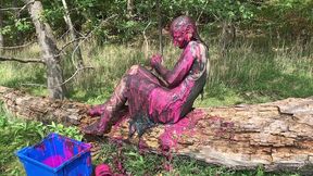 messy cute girl, dirty muddy and gunged in sexy pink