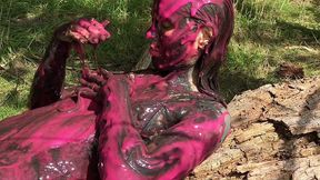 messy cute girl, dirty muddy and gunged in sexy pink