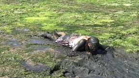 messy cute girl, dirty muddy and gunged in sexy pink