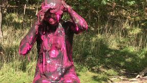 messy cute girl, dirty muddy and gunged in sexy pink