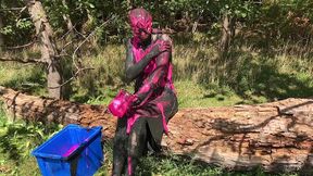 messy cute girl, dirty muddy and gunged in sexy pink