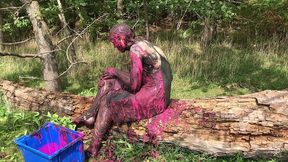 messy cute girl, dirty muddy and gunged in sexy pink