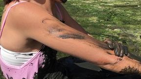 messy cute girl, dirty muddy and gunged in sexy pink