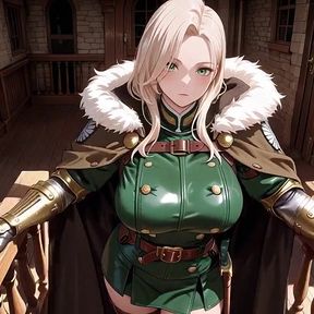 Blonde Knight's Afternoon! Green Uniform Golden Mechanical Arms, Lazily Contemplating in Ancient Stone Ruins.