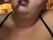 Fat babe listening to music, smoking vape, POV