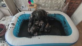 BBW covered in thick black gunge fucks self with dildo