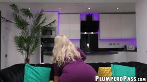 Plump blondie Katie Lane grabs her dildo and drills her narrow twat