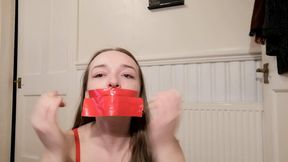 Red Duct Tape Gag Try On In Red Lingerie