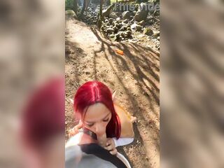 Camper finds an elf in the forest and comes to a conclusion to convince her to have sex behind a tree