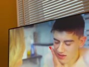 Jerking big dick to some MILF porn