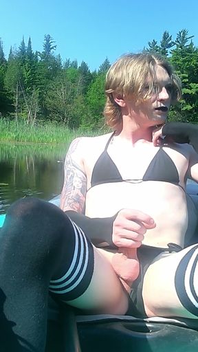 strawberry blonde goth femboy in black bikini &amp; thigh socks, nature kayak session - solo cum in cove   Clip 1