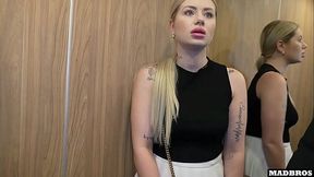 French blonde gets double BJ and rough anal in elevator and parking lot
