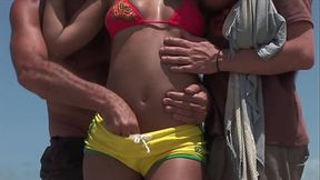 Threesome on beach with black mom