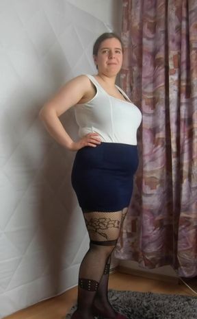 Mini skirt heels and fishnet stockings