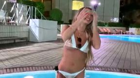 Erotic Night Pool Adventure with Curvy Oil-Covered Black Beauty and Her Blonde Hair
