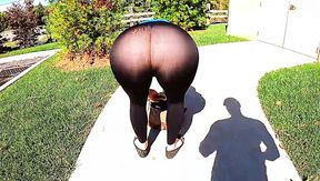 This brunette milf is taking a walk in her transparent leggings