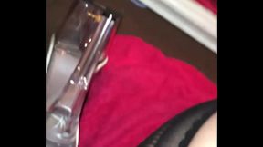 Amateur slutty sissy fucks dildo in mirror