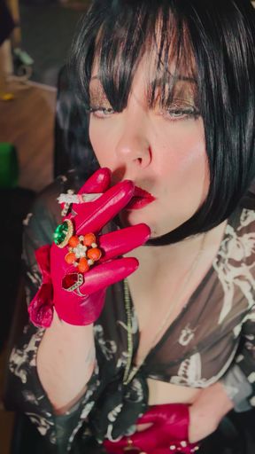 Leather Gloved Goth Tina Snua Smoking A Cork 100 Cigarette - OMI OME Snap Inhales Drifting Smoke