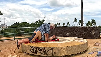We found this round bench at the top of a hill in a park and decided to fuck on it