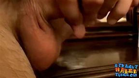 Straight dude working on his dick in front of a mirror