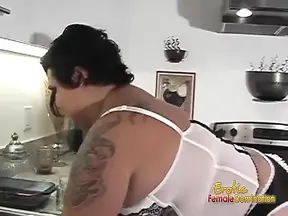 Inked BBW dominates and pegs slave's hole with a big dildo