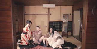 Bound in shibari Axel and Yoshi pounded by two babes fists hard