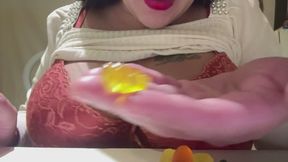 giant playing with teddy bear candy