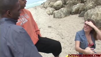 Rose's Beach Threesome: Two Big Cocks for Her Luscious Lips