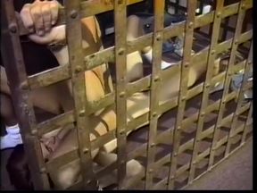 Hairy dude gets a blowjob from twink through cell bars