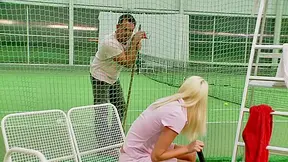 Naughty tennis blonde gets her pussy fucked in the court