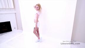 ”Adorable skinny blonde cums really hard on big dick in studio”