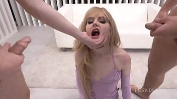 Gangbang slut&rsquo_s triple pussy gets filled with huge cocks until she squirts over the crowd