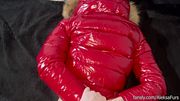 Shiny red moncler down jacket with real chinchilla fur glove!!