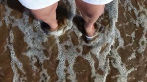 Feet and the Sea Extra Slowmotion - One Foot Barefoot and Foot in Slide - Great Feet in Sea