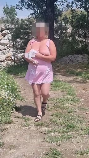 Watch Me Walking Through the Olive Groves in Spain with My Selfie Stick. I Pull My Tits Completely Out