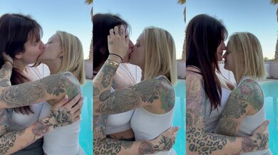 Blonde brunette college girls tongues deep messy lesbian heat