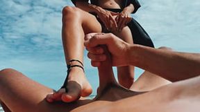 Blonde babe jacks off at nudist beach &mdash;  toes play with man's cock&#x1F32D; &mdash;  cumshot &mdash;  foot fetish