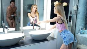 ”Tiny blonde teen step sister pranks big cock step brother & fucks him”