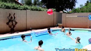 Twinks fool around in the pool before bareback orgy